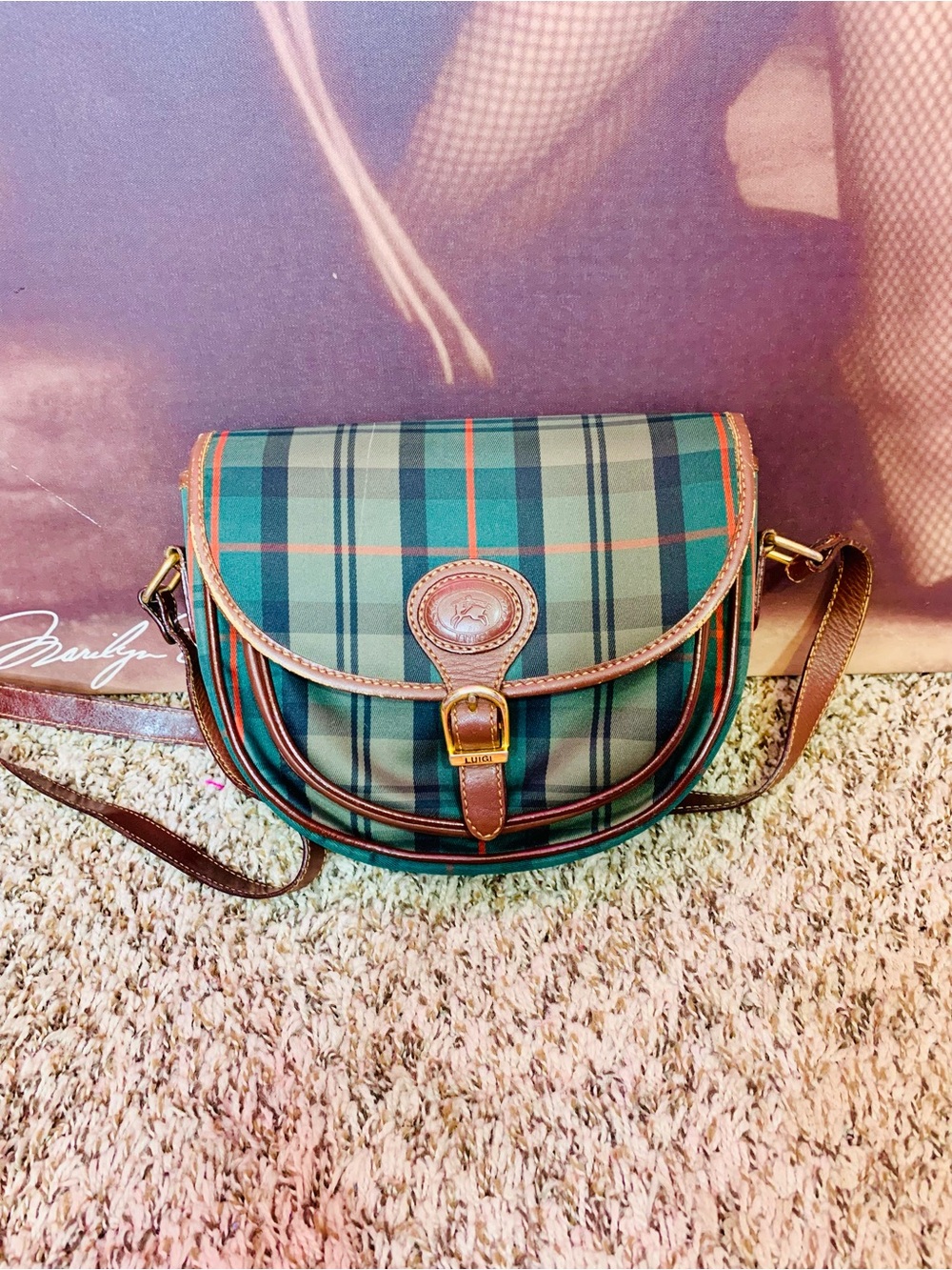 Luigi Green Plaid Crossbody Bag with Brown Leather Trim